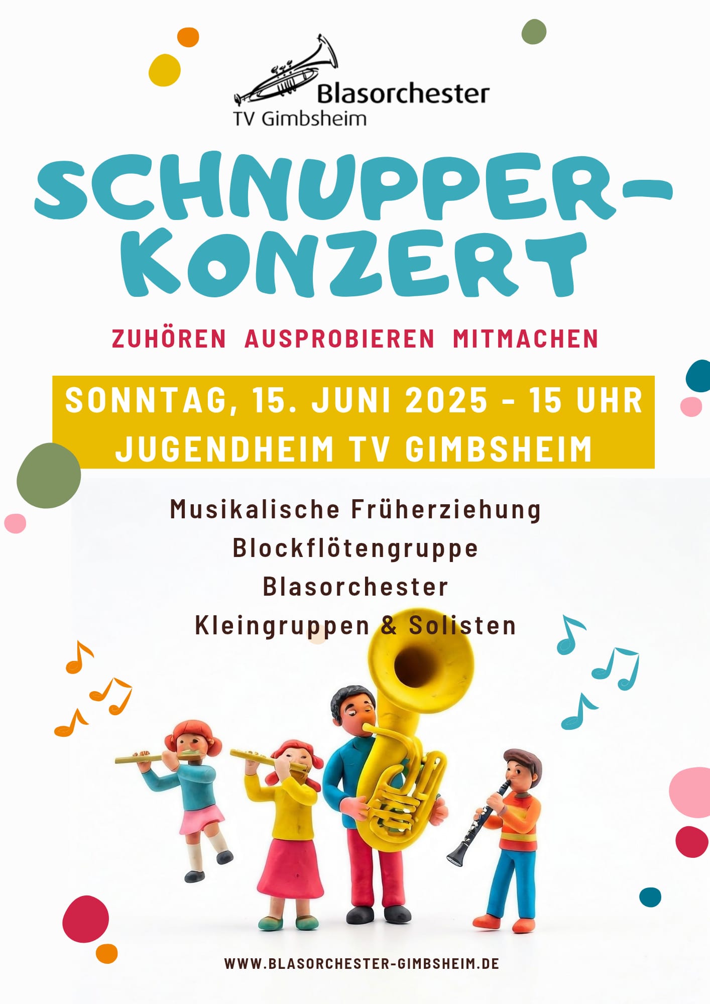 Plakat mit Informationen für das Schnupperkonzert 2025. Dieses Jahr treten die Musikalische Früherziehung, die Blockflötengruppe, das Blasorchester sowie Kleingruppen und Solisten auf. Im Anschluss können Instrumente ausprobiert werden.