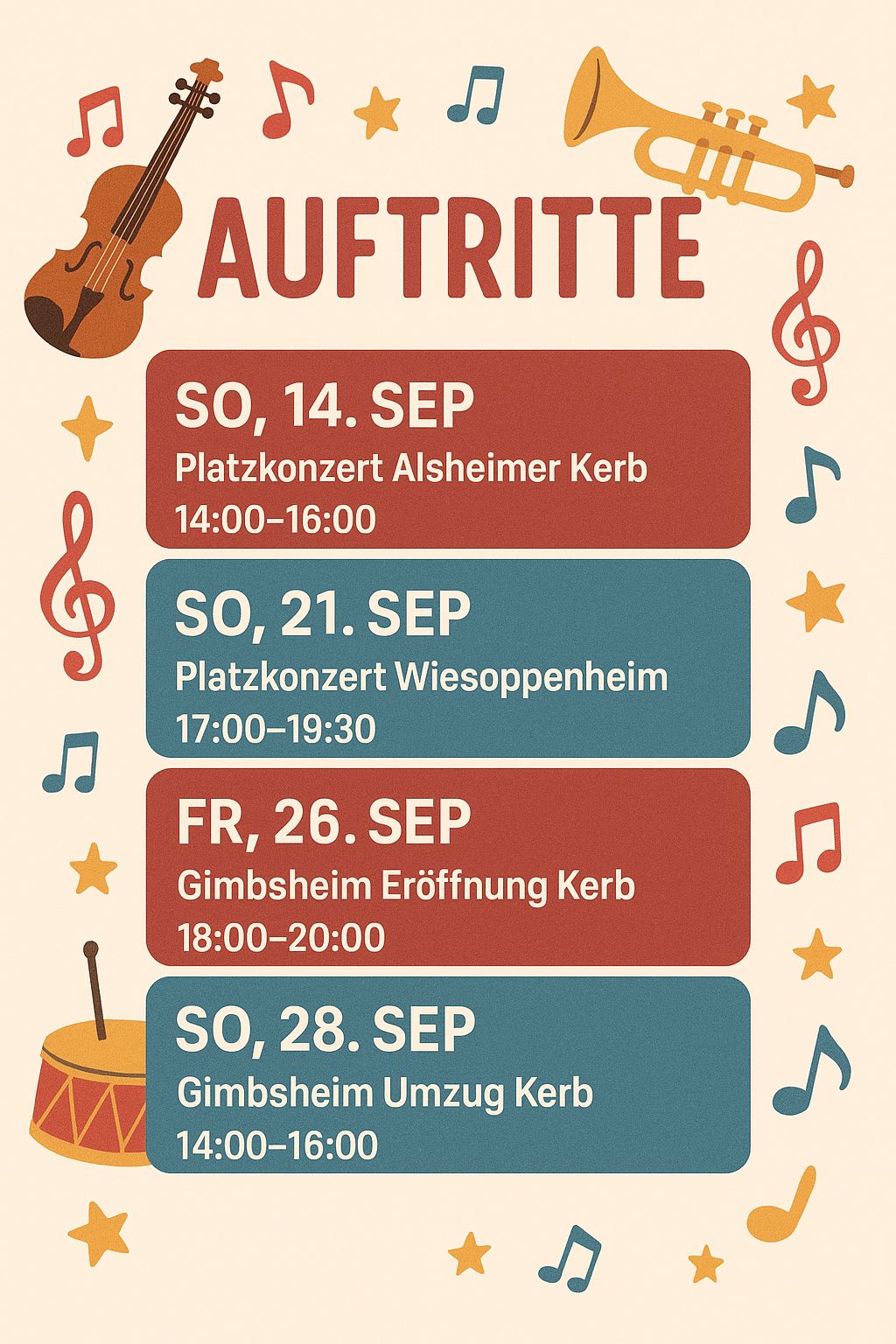 Eine Übersicht über die nächsten Auftritte des Blasorchester Gimbsheim im September 2025. Sonntag 14.09.: Platzkonzert Alsheimer Kerb, 14:00-16:00. Sonntag 21.09.: Platzkonzert Wiesoppenheimer Kerb, 17:00-19:30. Freitag 26.09: Eröffnung Gimbsheimer Kerb, 18:00-20:00. Sonntag 28.09: Umzug Gimbsheimer Kerb, 14:00-16:00.
